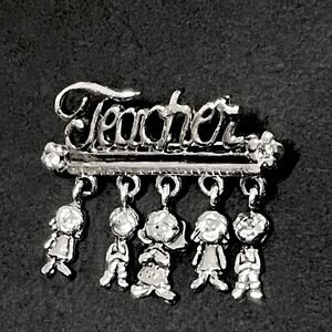 Vintage Danecraft Teacher Brooch Silver Tone Dangle Pin Charms School Students
